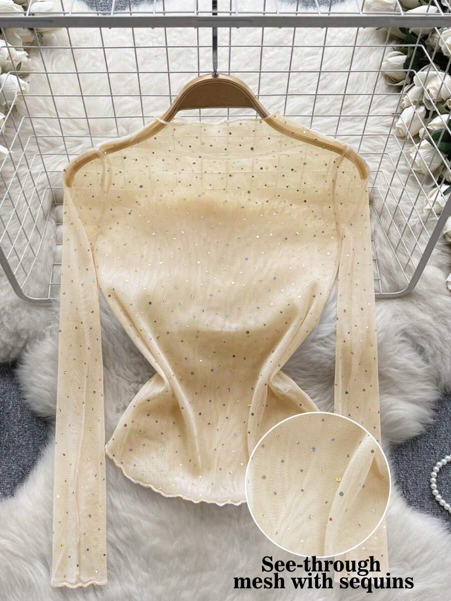 GlowEve Sheer Sequin Mesh Long Sleeve Women Top - Light Yellow - View 1