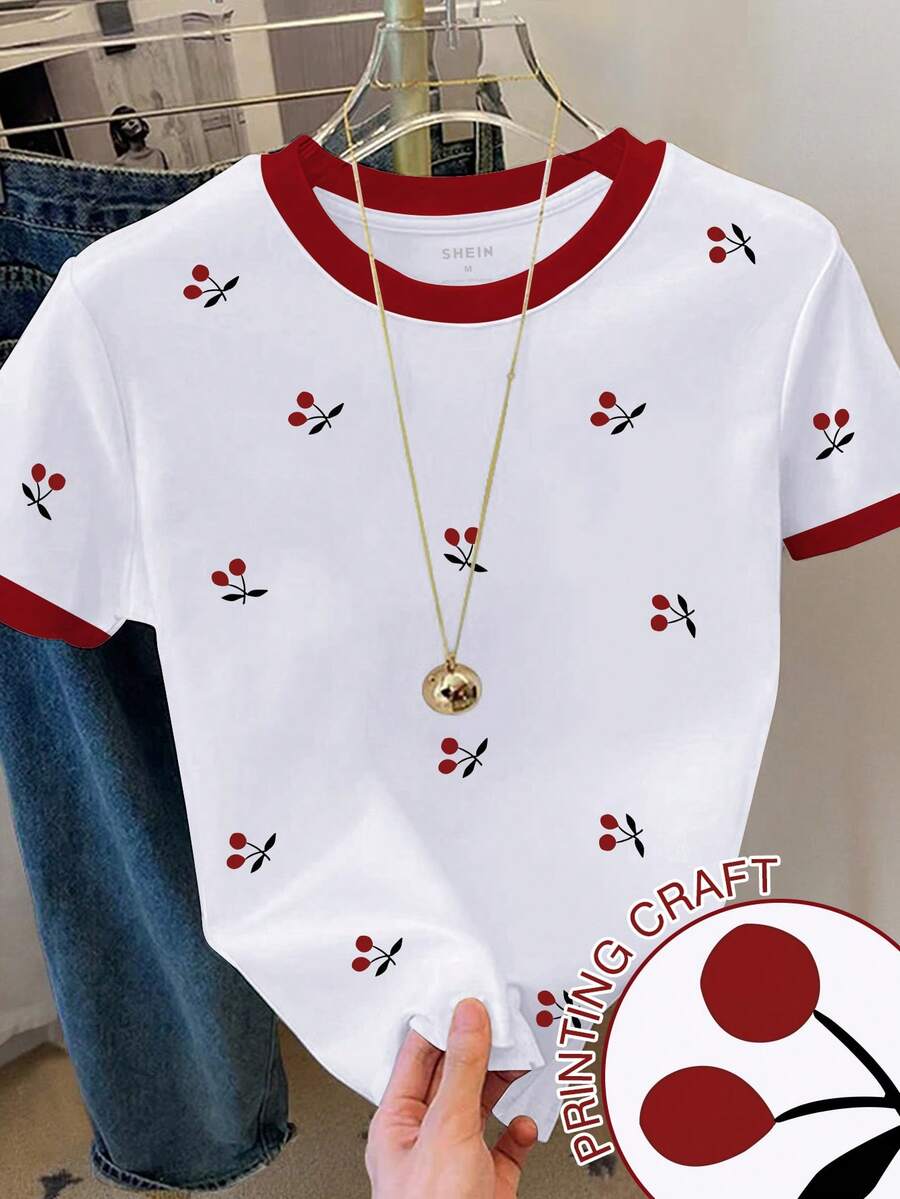 Resyla Cherry Print Contrast Trim Tee - White - View 1