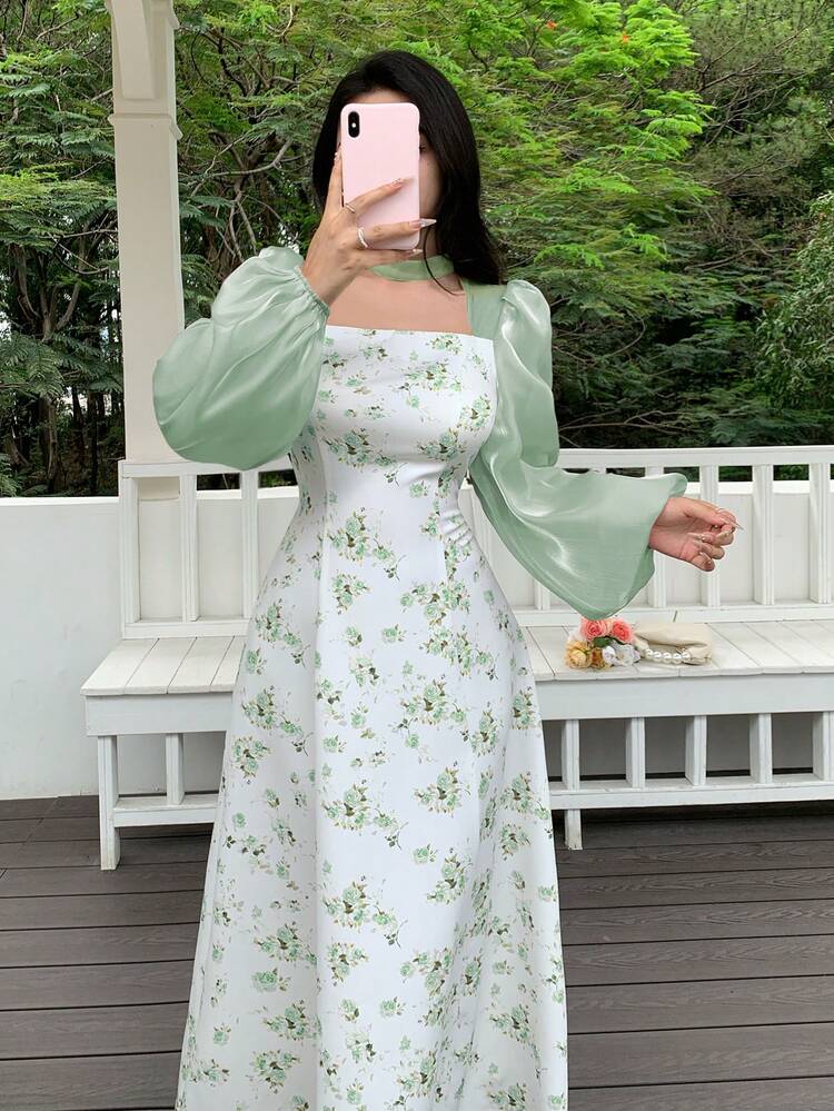 Feyla Women's Floral Print Lantern Sleeve Hollow Out Design Elegant Mid-Length Dress Garden Dress Green And White Dress Milkmaid Dress Cottagecore Dress Floral Dress - Pastel Green - View 5