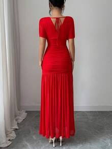 SHEIN Elenzya Đầm midi dáng chữ A bằng vải lưới thoáng khí, thiết kế thanh lịch, ôm sát cơ thể, thoải mái, phù hợp cho cả dự tiệc và mặc hàng ngày. - Đỏ - Xem 2