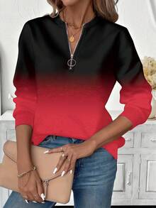 EMERY ROSE 大码女式休闲渐变印花拉链圆领卫衣，时尚渐变卫衣，黑红渐变长袖卫衣，女式卫衣，女式长袖上衣，红黑上衣，红黑 - 彩色 - 查看 4