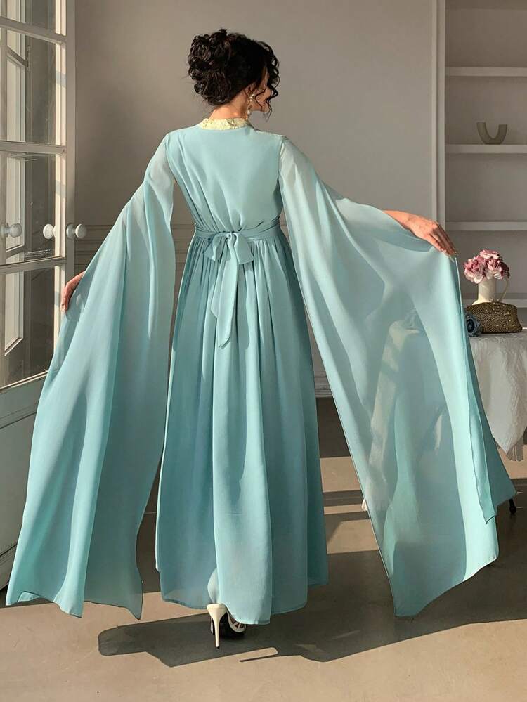 Women's Elegant Contrast Color Waist Belt Super Long Sleeve Split Hem Dress, Spring/Summer Wedding Guest Dress Maxi Dress Sundress