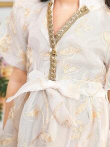 SHEIN Young Girl's Elegant Embroidered Lantern Sleeve Long Dress - Apricot - View 6