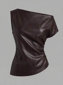 Aveloria Affinna Brown PU Shoulder Cutout Ruched Waist Asymmetric Hem Casual Chic Crop Top - Coffee Brown - View 7