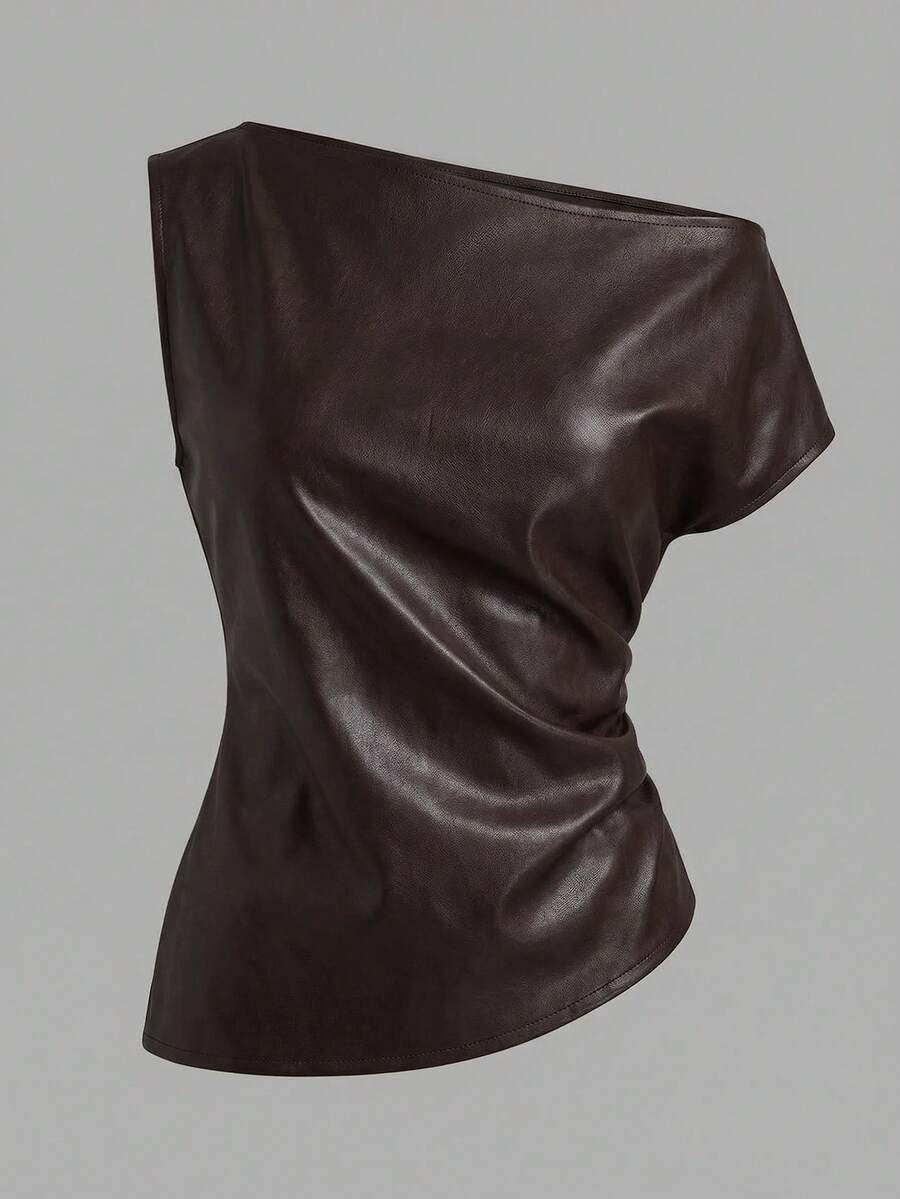Aveloria Affinna Brown PU Shoulder Cutout Ruched Waist Asymmetric Hem Casual Chic Crop Top - Coffee Brown - View 1