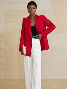 Aveloria Modichic Women's Business Style Solid Color Double-Breasted Blazer Jacket For Commuting, Autumn  - Red - View 5