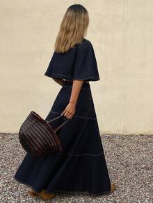 DAZY Women's Round Neck Short 3/4 Flare Sleeve Denim Top And Loose Long Denim Skirt Elegant Washed Denim Set - Dark Wash - View 3