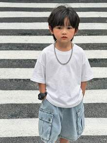 SHEIN 一件装 男童休闲运动学院风可爱度假宽松日韩风圆领T恤，背面印有字母，适合返校、生日派对、晚宴、演出、婚礼、洗礼、开幕式等场合，日常穿着舒适，适合上学、旅行、运动，适合春夏季节。 - 彩色 - 查看 3