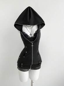 Elamini Y2K风格无袖长款连帽修身针织外套，带铆钉装饰，春夏款