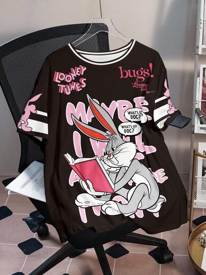 LOONEY TUNES X SHEIN Camiseta de manga corta con cuello redondo, estampado de letras y conejos, de talla grande y estilo casual de verano