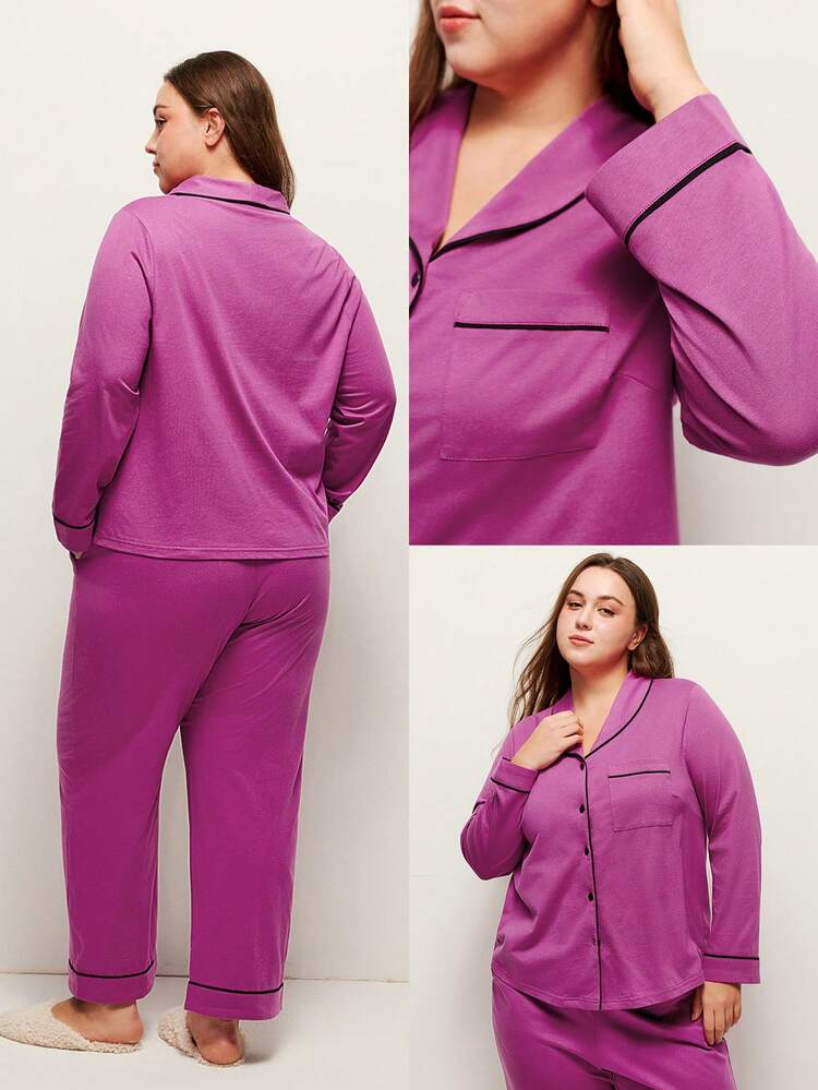Plus Cotton Button-Up Top & Pants PJ Set