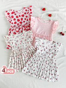 Vintaside Kids 4pcs/Set Toddler Girls' Cute Floral Print Cap Sleeve Casual Dress, Summer - Multicolor - View 1
