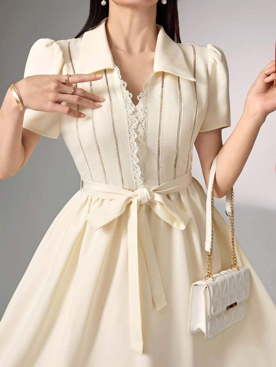 Heiryn Plus Size Women Contrast Lace Puff Sleeve Elegant Dress