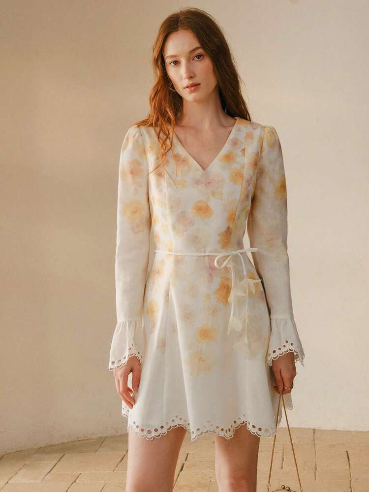 WOMEN'S FLORAL PRINT HOLLOW EMBROIDERY BELTED SHORT DRESS