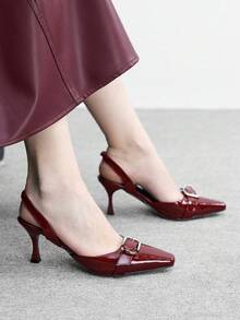 CUCCOO BIZCHIC 女士尖头细高跟鞋，PU皮革，搭扣装饰，时尚简约设计，舒适百搭，适合日常、派对、宴会等场合。 - 酒紅色 - 查看 5