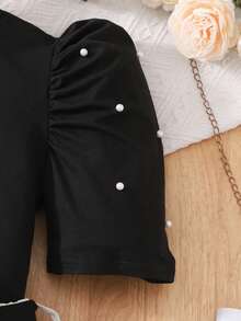 Teen Girl Summer Casual Faux Pearl Beaded Puff Sleeve T-Shirt And Ruffle Hem Skirt Set - Black and White - View 7