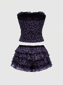 ROMWE J-Fashion Y2K Leopard Print Cake Shorts 2 Pieces Set For Women - Multicolor - View 2