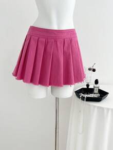 Elamini Women's Casual Versatile Denim Skirt With Pleated Ruffled Hem - Pink - View 4