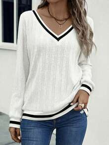 EMERY ROSE Grey Ribbed Contrast Trim Casual Loose Sweatshirt - White - View 4