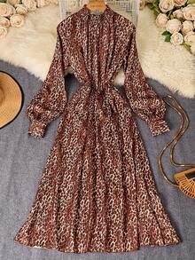 Franclia Women's Leopard Print Loose Fit Gathered Neck Long Sleeve Dress - Brown - View 1