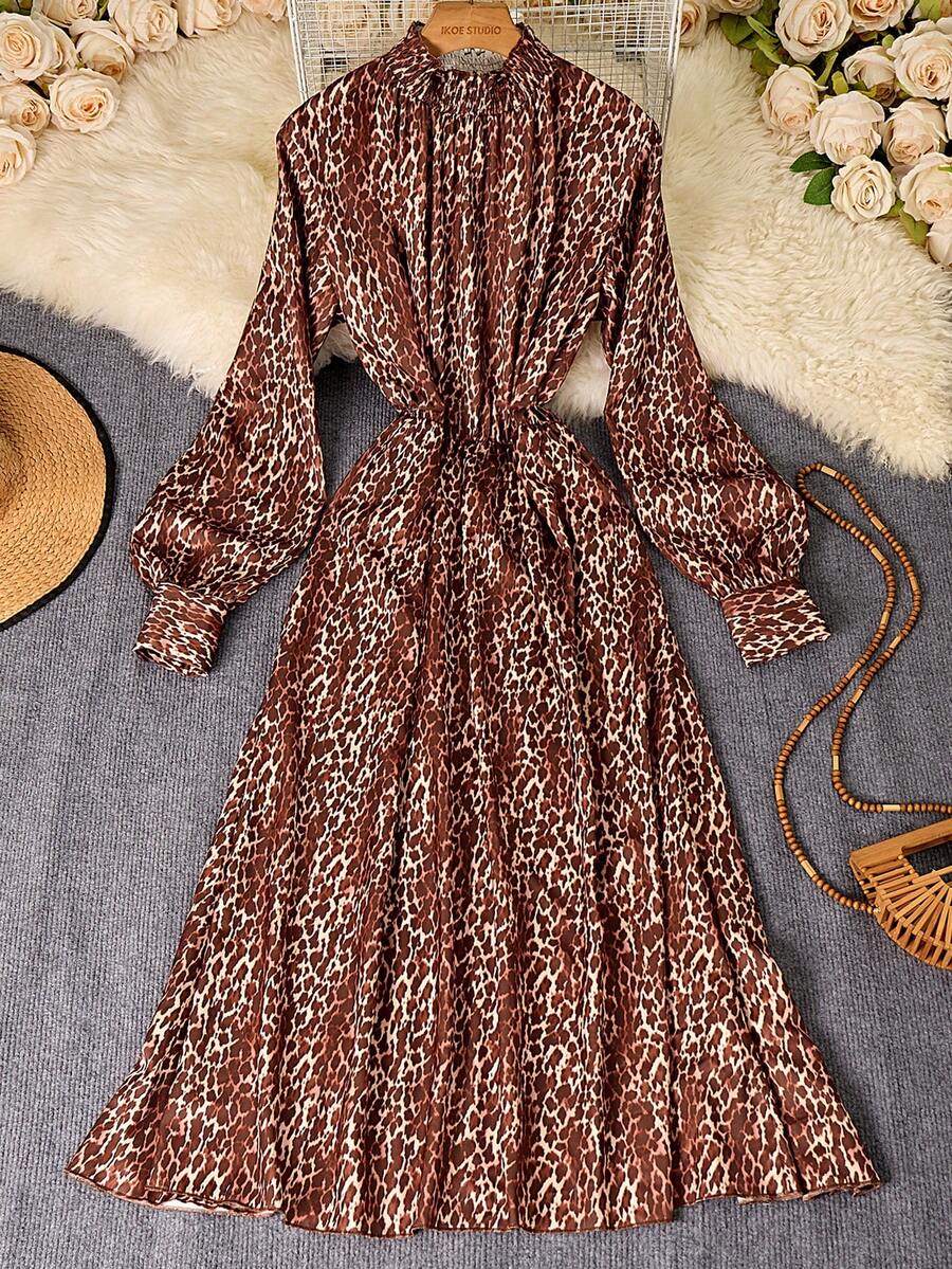 Franclia Women's Leopard Print Loose Fit Gathered Neck Long Sleeve Dress - Brown - View 1