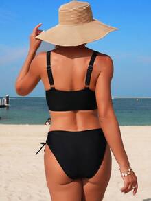 Swim Lushoire 女士椰树印花V领上衣搭配纯黑色侧系带泳裤两件式泳衣，休闲海滩度假夏季 - 黑色 - 查看 2