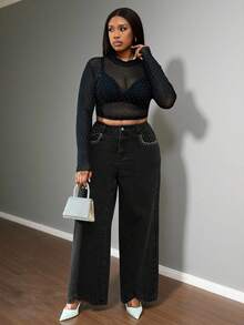 Truni Quần jean denim ống rộng màu đen giặt cỡ lớn cho nữ, chi tiết kim loại đính đá, thích hợp cho tiệc tùng, hẹn hò, đi làm/2026/Năm mới - màu đen - Xem 6