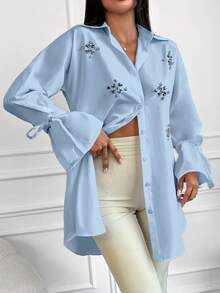 EURMUSE Cotton Pearls Beaded Knot Cuff Drop Shoulder Shirt Brunch Office Light Blue Autumn Smart Casual Elegant - Baby Blue - View 4