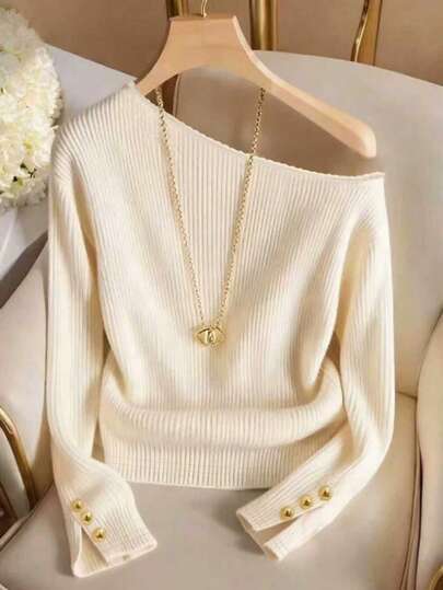 Franclia 女士纯色斜肩金属装饰袖口开衩设计时尚百搭长袖T恤