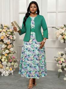 SHEIN Lady Bộ đồ 2 món thanh lịch dành cho nữ cỡ lớn: áo khoác tay lửng 3/4 và váy không tay in hoa. - Nhiều màu - Xem 4