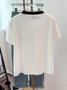 Resyla Women's Heart Shaped Beaded Contrast Color Round Neck T-Shirt - White - View 2