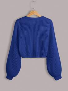 EURMUSE White Lantern Sleeve Button Front Rib Knit Cardigan - Royal Blue - View 2
