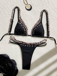 Swim Vcay Spring/Summer New Black Leopard Print Patchwork Sexy High Cut Adjustable Tie Thong Panty, Ribbed Fabric With Perforated Design, Y2K Style Bikini Set Set For Women, Suitable For Party, Afternoon Tea, Music Festival, Beach Vacation - Multicolor - View 4