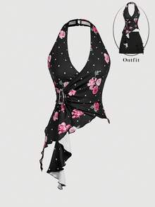 SHEIN MOD Áo tank top nữ in hoa, kiểu cổ yếm, thích hợp cho mùa hè, ngày Valentine, trang phục lễ hội, đi biển, kỳ nghỉ, hẹn hò, đi chơi, kiểu cổ yếm, in hoa hồng, phong cách thập niên 70, retro, vintage. - màu đen - Xem 6