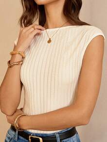 Lymera Spring/Summer New Fashion Casual Apricot Minimalist Vertical Stripe Textured 3D Jacquard V-Neck Sleeveless T-Shirt, Commuting - Apricot - View 4