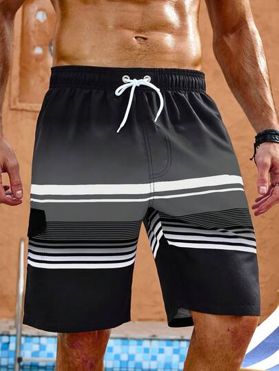 Manfinity Swimmode Plusstorlekar för män, sommarsemesterstil, kontrastrande randigt tryck, löst sittande strandshorts med dragsko i midjan