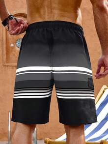 Manfinity Swimmode Plus Size Men's Summer Vacation Style Contrast Stripe Print Drawstring Waist Loose Beach Shorts - Black - View 2