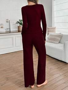 SHEIN 女士性感纯色蕾丝领长袖上衣和裤子，罗纹柔软舒适睡衣套装，酒红色睡衣套装，秋冬服装 - 酒紅色 - 查看 2
