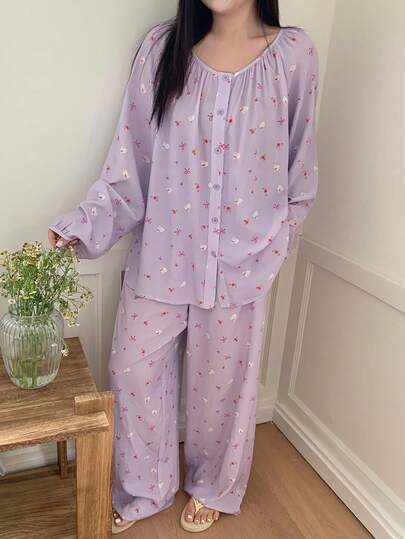 Dazy Plus 2pcs Cute Cartoon Print Loose Fit Sleepwear Set, Long Top And Pants, Spring/Summer/Autumn