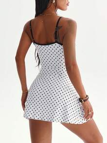 CourtClass 女士春夏高尔夫连衣裙，无袖波点印花撞色滚边开衩半身裙，搭配带口袋的同款短裤，适合休闲、跑步、瑜伽、健身、网球、高尔夫等场合。