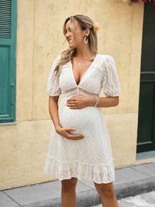 SHEIN Pregnant Women's Contrast Lace V-Neck Short Sleeve Fashionable Dress - Beige - View 5