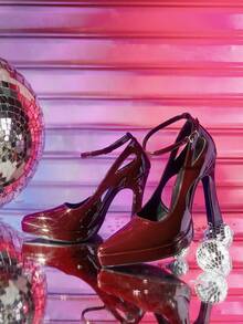 CUCCOO LuxiPop 女士尖头高跟防水厚底PU皮套脚鞋，时尚简约设计，舒适百搭，适合日常、派对和宴会穿着。 - 酒紅色 - 查看 5