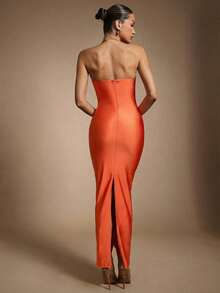 Hauture 女士流苏吊坠性感派对连衣裙，饰有金色金属装饰 - 橘色 - 查看 2