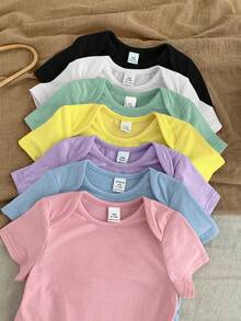 SHEIN LMoss Kids 7pcs/Set Newborn Baby Girl Cute Solid Color Knitted Short Sleeve Romper, Summer Baby Neutral Color Clothes Neutral Baby Clothes Unisex - Multicolor - View 4