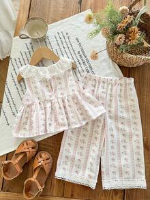 SHEIN LMoss Kids Babygirl Cute Floral Print Ruffle Trim Top And Pants Set, Summer