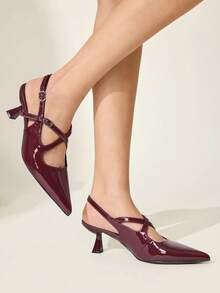 CUCCOO CHICEST Women's Pointed Toe Buckle Design Fashionable High Heels, Versatile For Daily Wear - Burgundy - View 3