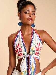 Travachic Women's Sexy Backless Halter Neck Floral & Letter Print Vacation Beach Top - Multicolor - View 7