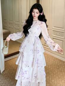 DAZY 女士印花休闲优雅A字连衣裙 - 白色 - 查看 2