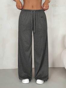 SHEIN PETITE Women's Casual Everyday Commute Versatile Drawstring Waist Loose Wide Leg Double-Sided Fleece Pants - Grey - View 1