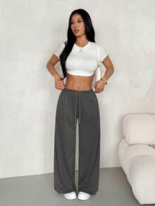 SHEIN PETITE Women's Casual Everyday Commute Versatile Drawstring Waist Loose Wide Leg Double-Sided Fleece Pants - Grey - View 6